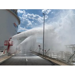 Fire foam monitor, nozzle and tower.
